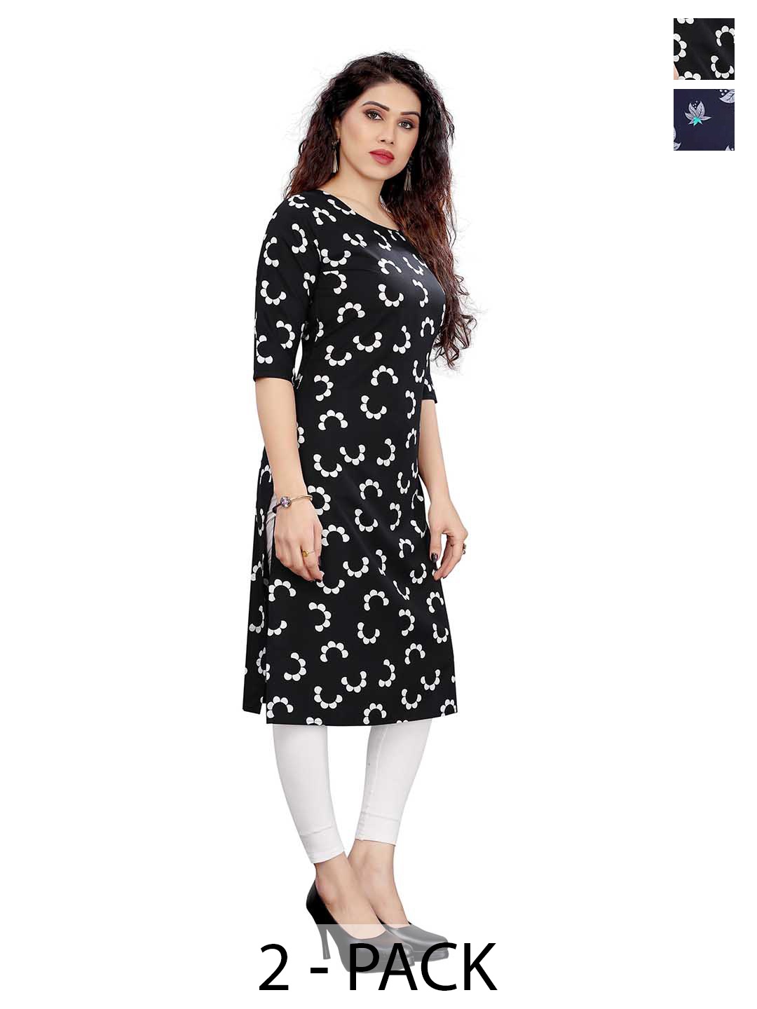 

KETAKI FASHION Selection Of 2 Floral Printed Round Neck Straight Kurtas, Black