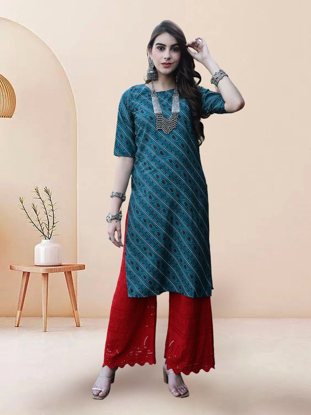

7Threads Selection of 4 Floral Printed Round Neck Straight Kurtas, Teal