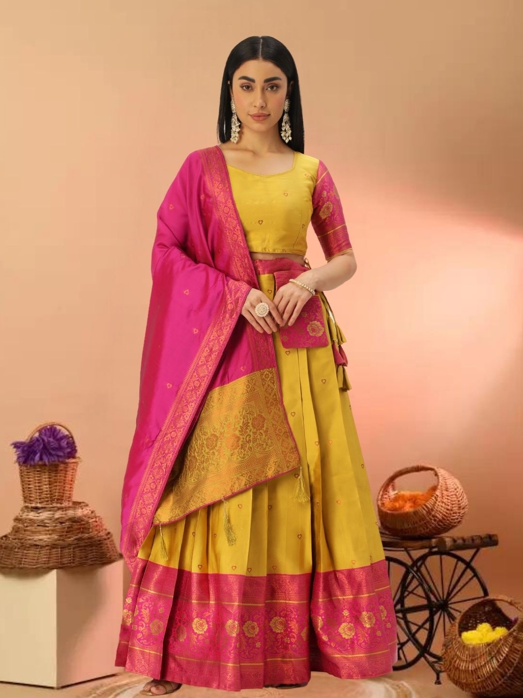 

MAGMINA Ethnic Motifs Woven Design Semi-Stitched Lehenga & Unstitched Blouse With Dupatta, Yellow