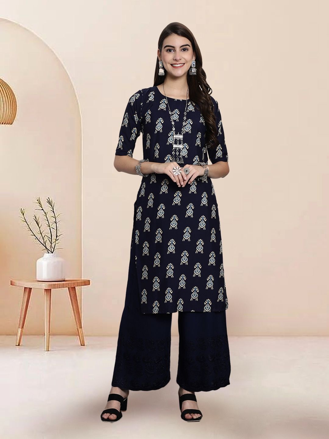 

7Threads Selection Of 6 Ethnic Motifs Printed Round Neck Straight Kurtas, Black