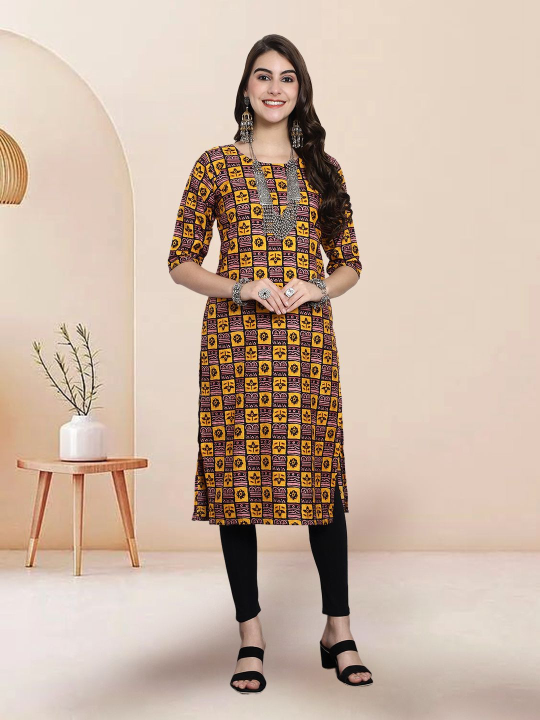 

7Threads Selection Of 5 Geometric Printed Round Neck Straight Kurtas, Yellow