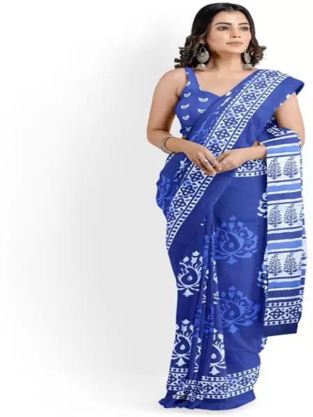 

KIAARON Ethnic Motifs Pure Cotton Block Print Saree, Blue