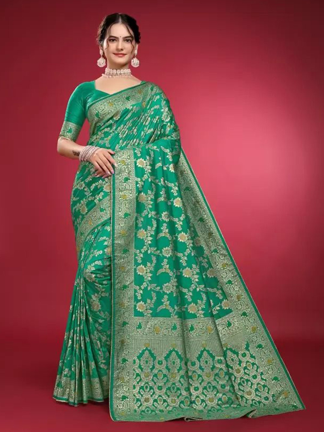

Florence Woven Design Zari Pure Silk Saree, Green