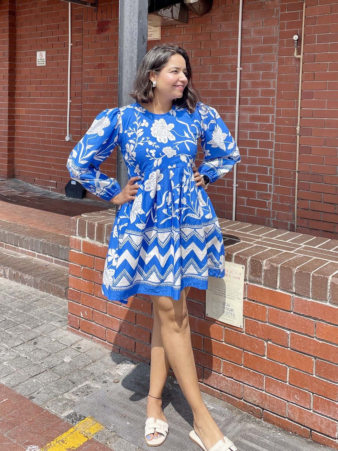 

Label Tanvee Print Keyhole Neck Puff Sleeve Fit & Flare Dress, Blue