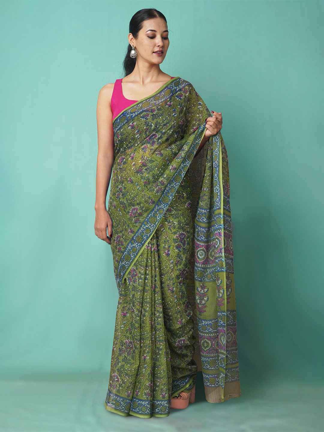 

Unnati Silks Ethnic Motifs Net Handloom Kota Saree, Green