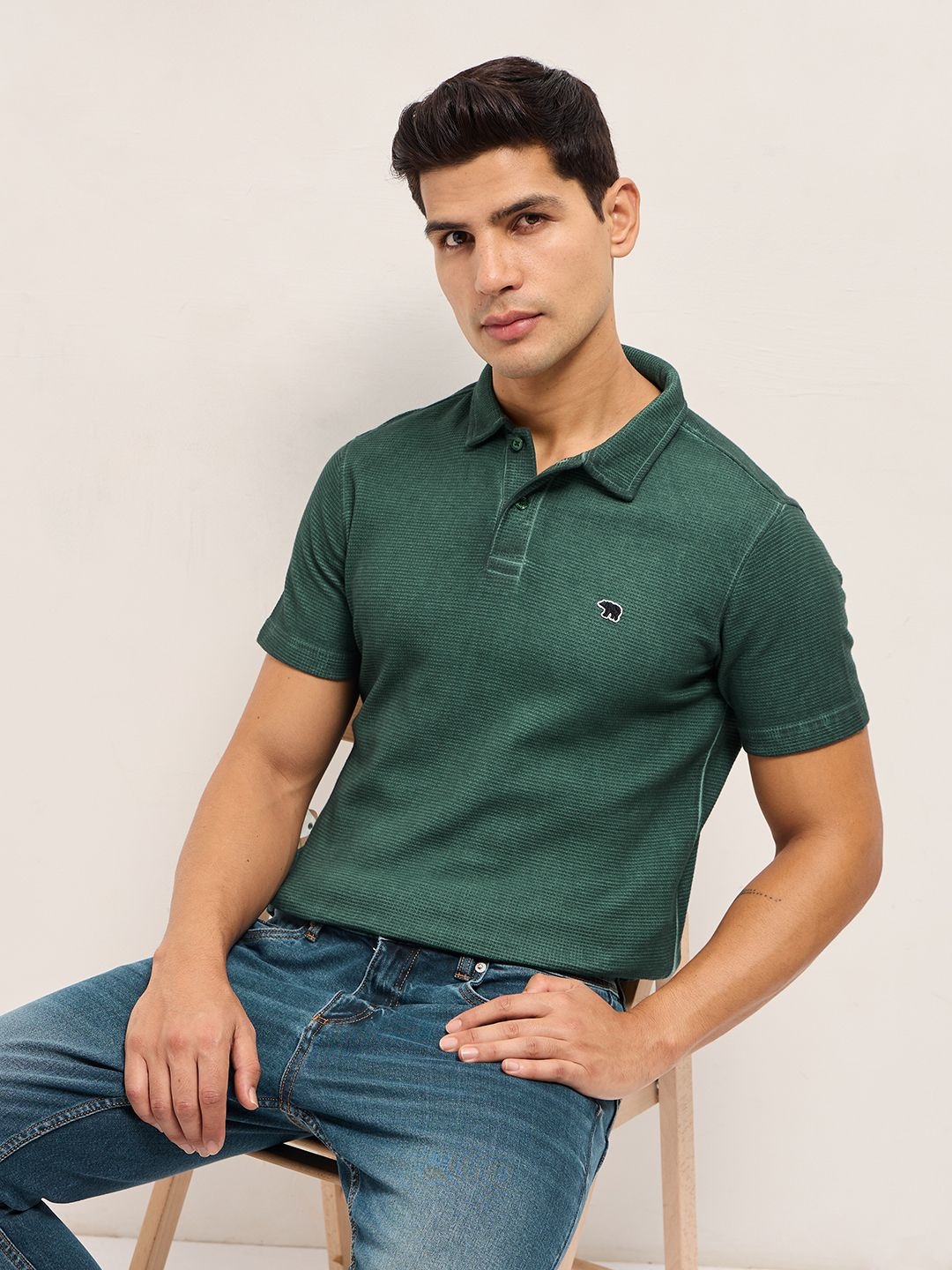 

THE BEAR HOUSE Men Self Design Polo Collar Cotton Slim Fit T-shirt, Green