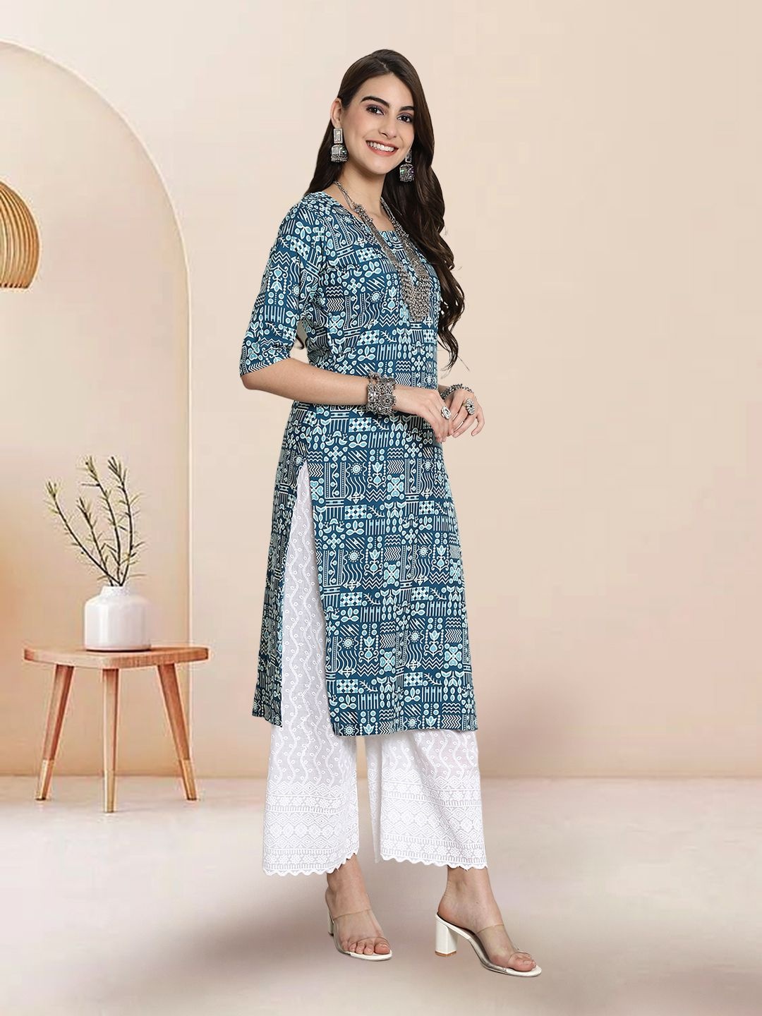 

7Threads Selection of 2 Ethnic Motifs Printed Round Neck Straight Kurtas, Blue