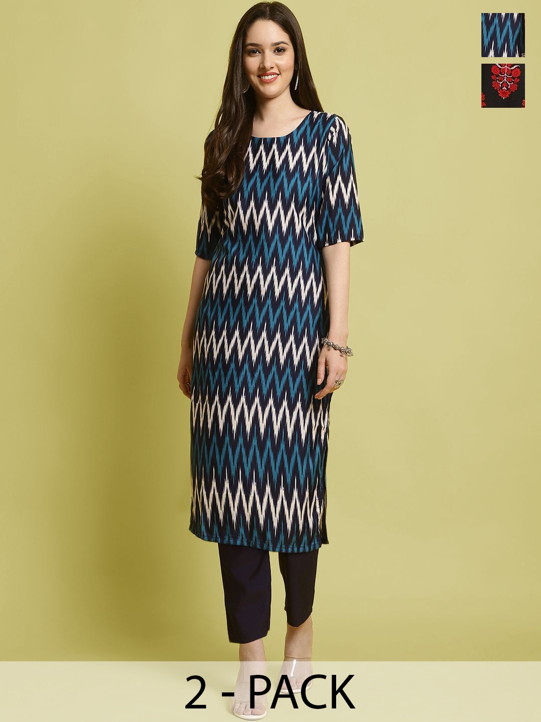 

7Threads Selection Of 2 Chevron Printed Round Neck Straight Kurta With Trousers, Black