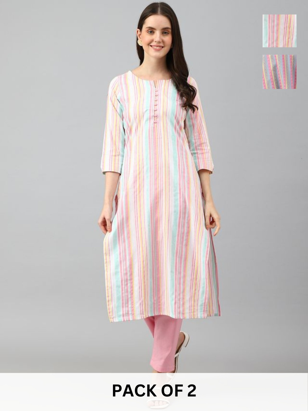 

KALINI Selection Of 2 Striped Notch Neck Straight Kurta With Trouser, Pink