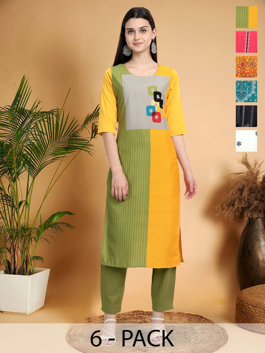 

7Threads Selection Of 6 Colour Blocked Printed Round Neck Kurtas, Yellow