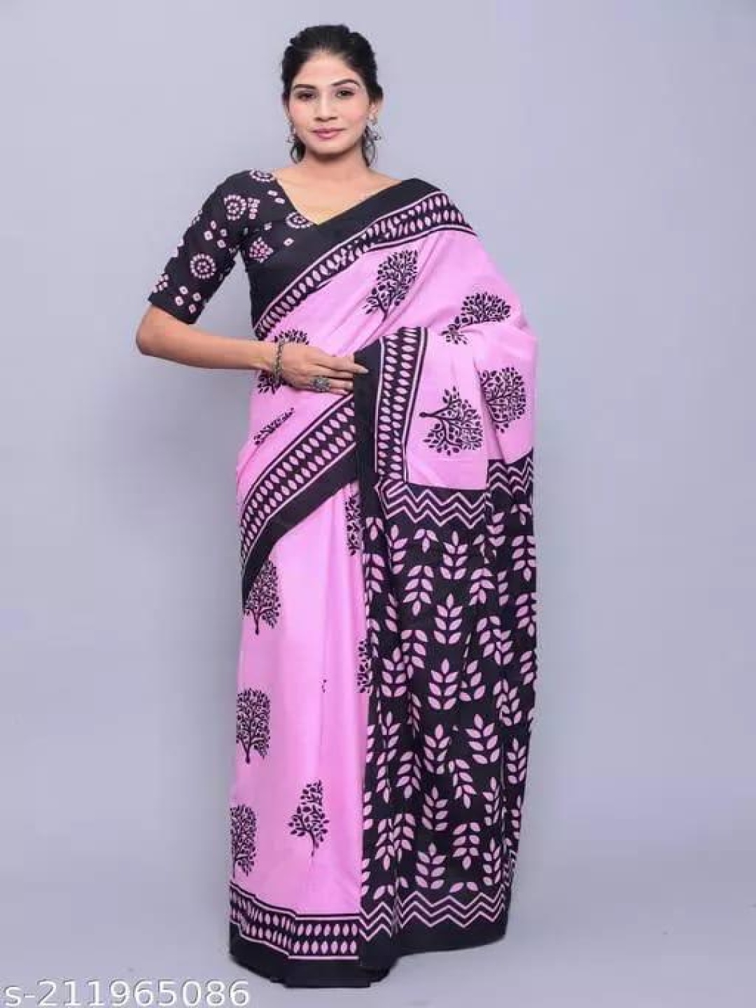 

JALTHER Floral Pure Cotton Block Print Saree, Pink