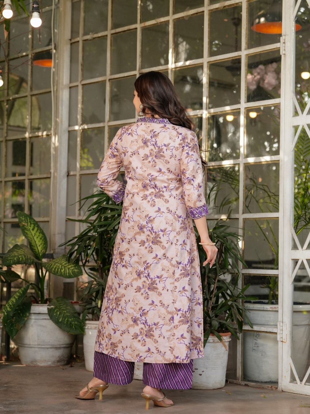 

KALINI Floral Printed V-Neck Pleated Pure Cotton A-Line Kurta With Palazzos & Dupatta, Beige