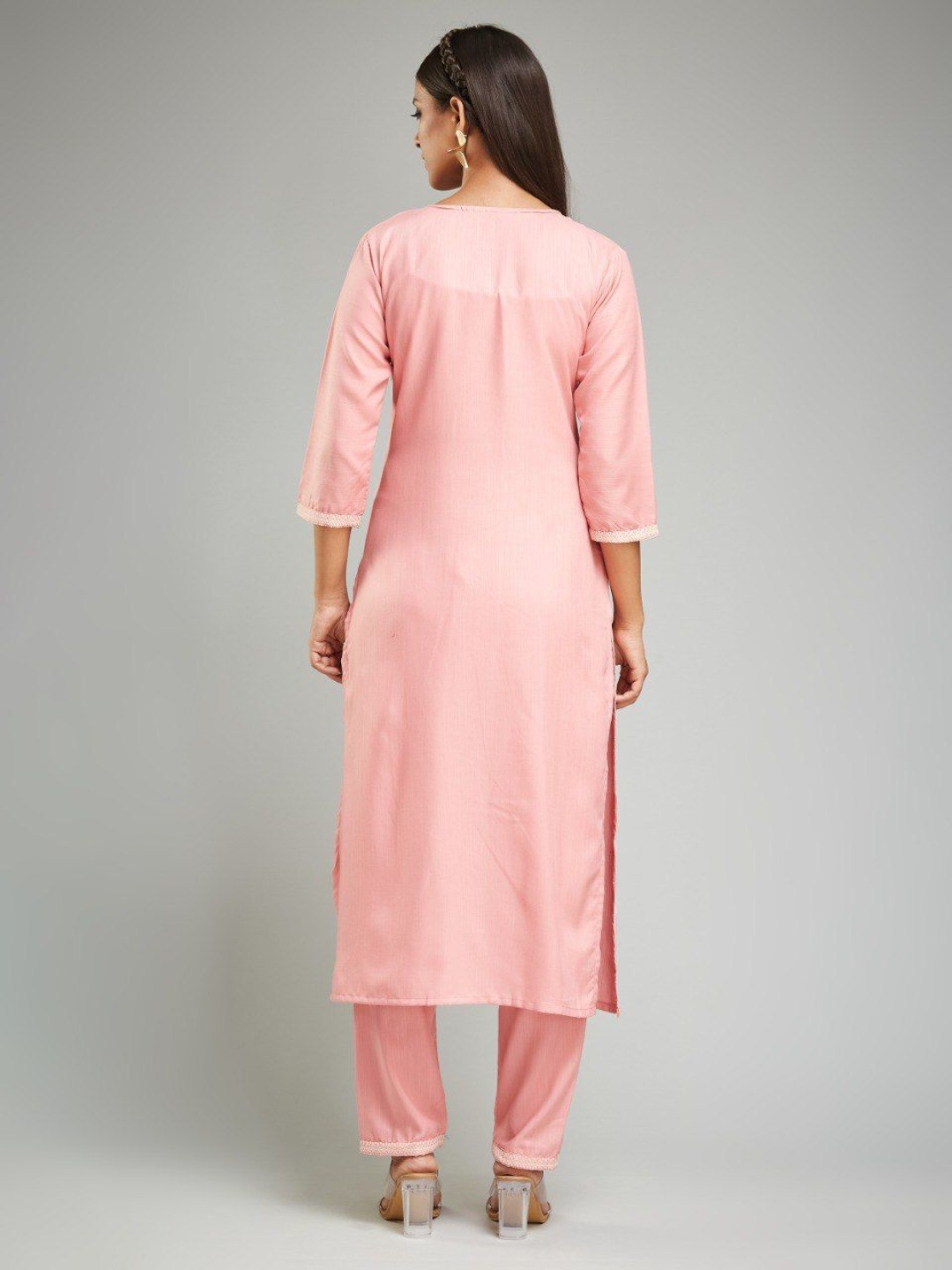 

A TO Z CART Floral Embroidered V-Neck Chanderi Silk Kurta with Trousers & Dupatta, Peach