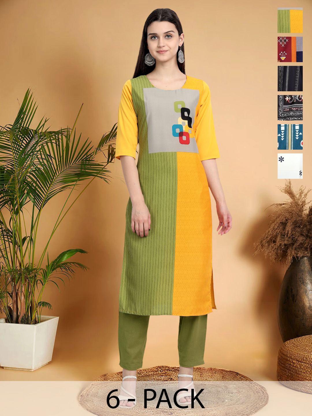 

7Threads Selection Of 6 Geometric Printed Round Neck Straight Kurtas, Yellow