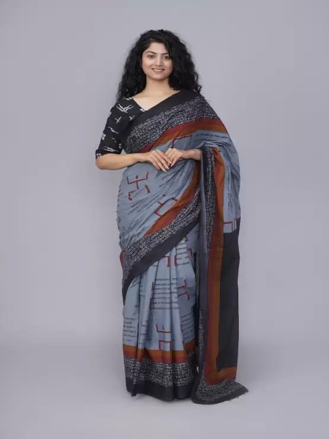 

TROPWEAR Ethnic Motifs Pure Cotton Block Print Saree, Grey