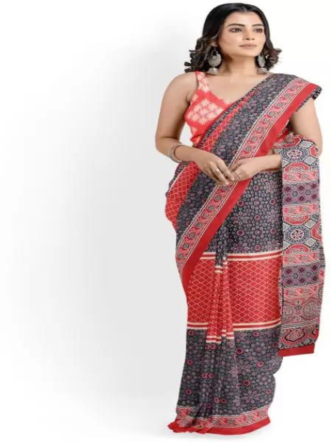 

TROPWEAR Ethnic Motifs Pure Cotton Block Print Saree, Maroon