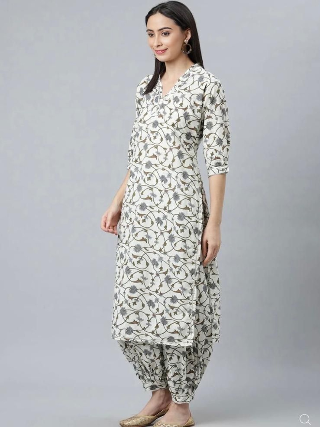 

Lookmark Floral Printed V-Neck Straight Kurta with Salwar, Cream