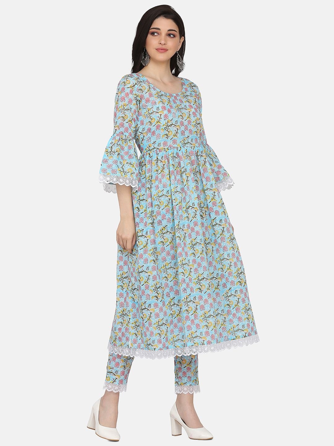 

KALINI Selection Of 2 Floral Printed Round Neck A-line Kurtas With Trousers, Blue