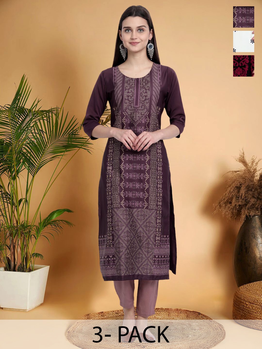 

7Threads Selection Of 3 Ethnic Motifs Printed Straight Kurtas, Purple