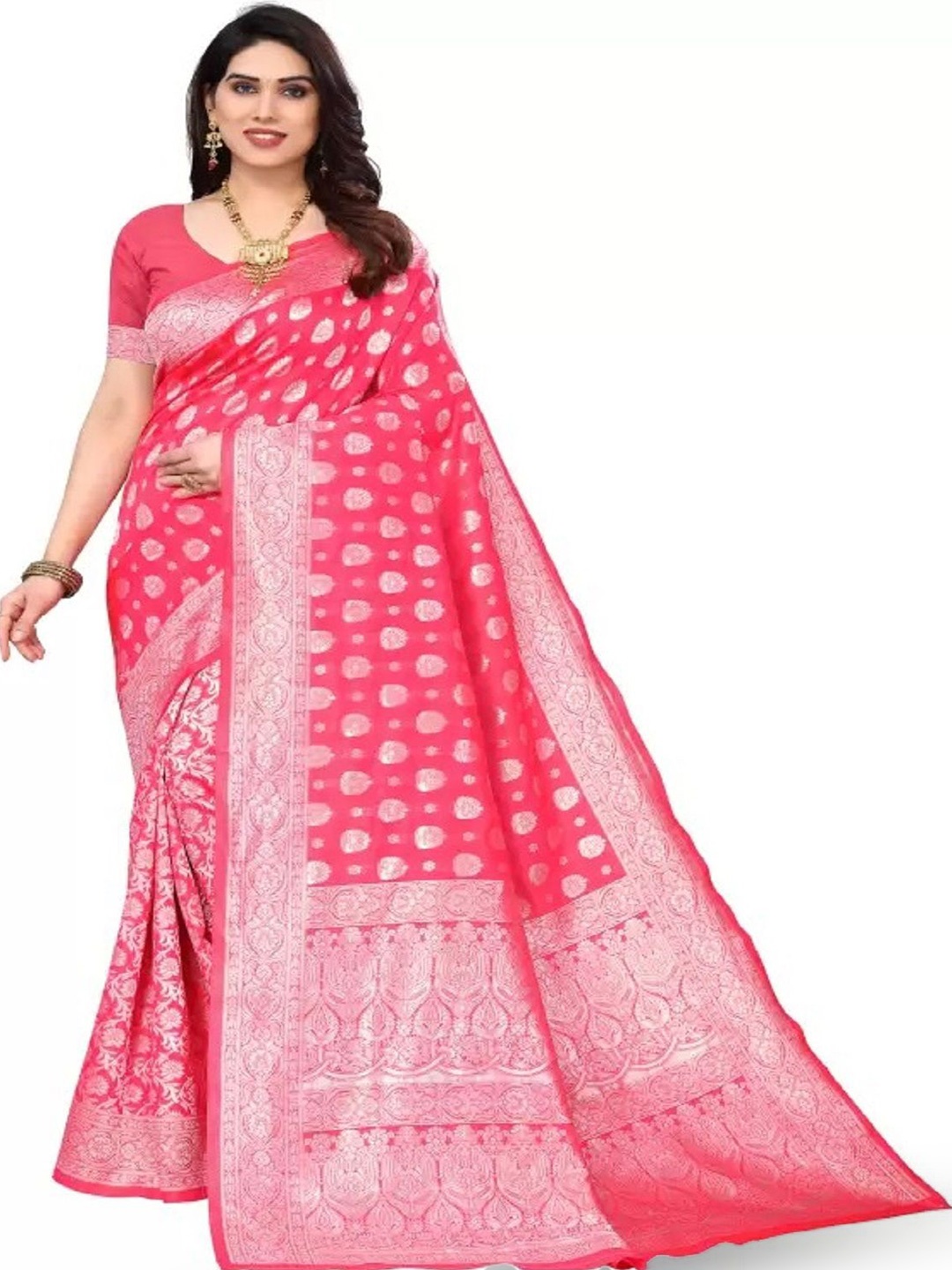 

Florence Woven Design Pure Silk Fusion Saree, Pink