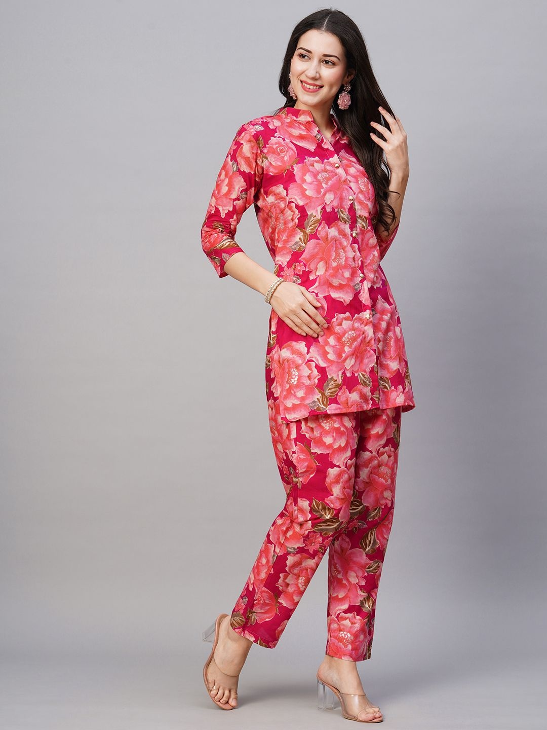 

Moda Rapido Floral Printed Mandarin Collar Pure Cotton Tunic With Trouser, Pink