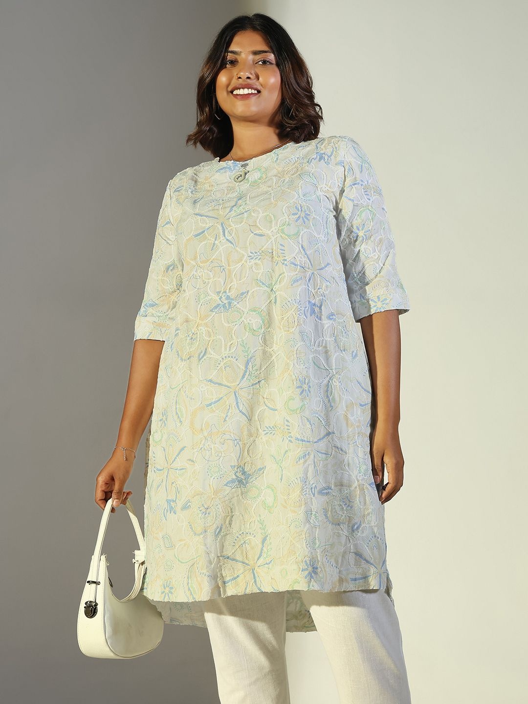 

SHOWOFF Floral Printed Thread work A-Line Kurtas, White