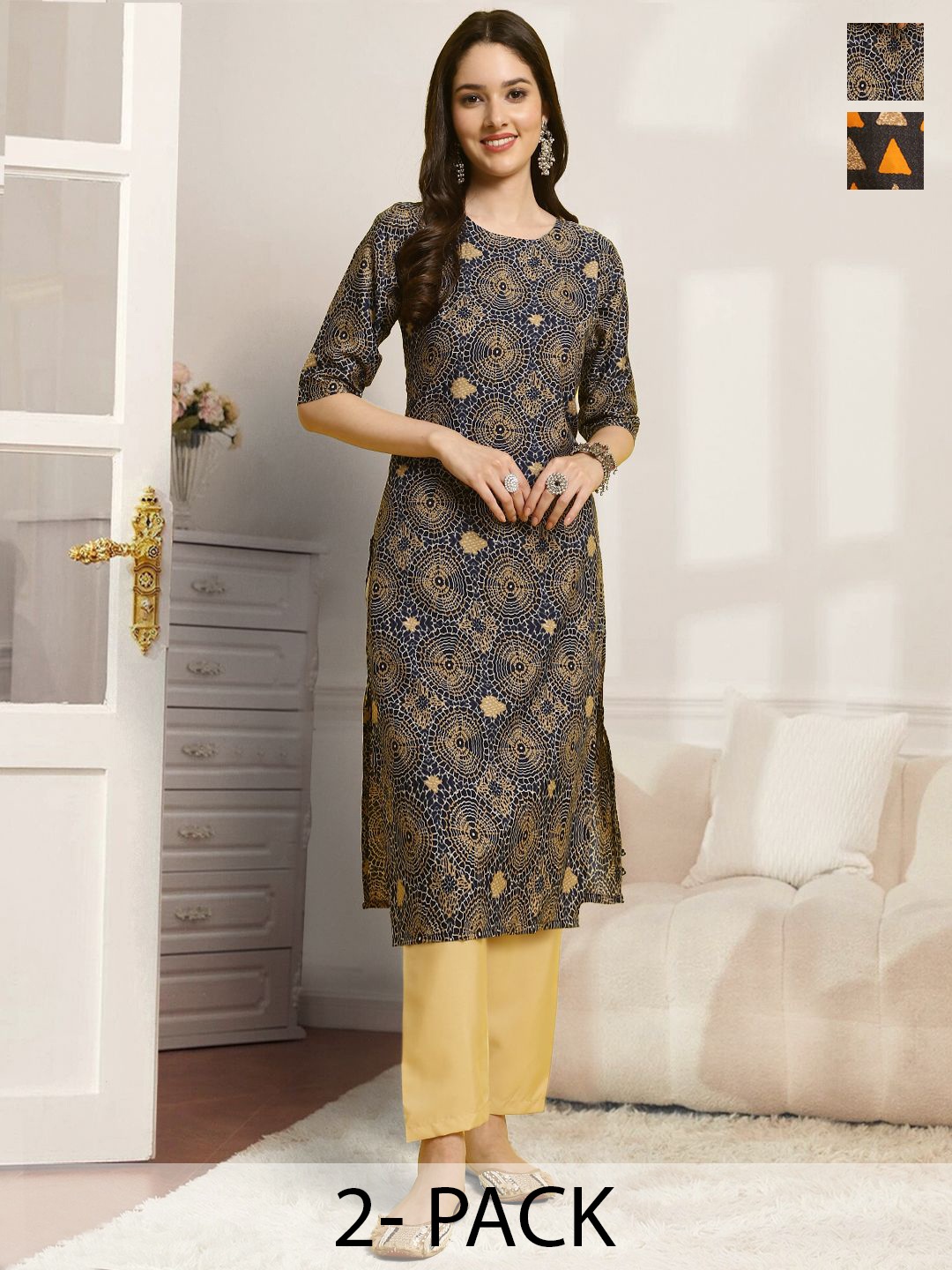 

7Threads Selection Of 2 Ethnic Motifs Printed Round Neck Straight Kurtas With Trousers, Black