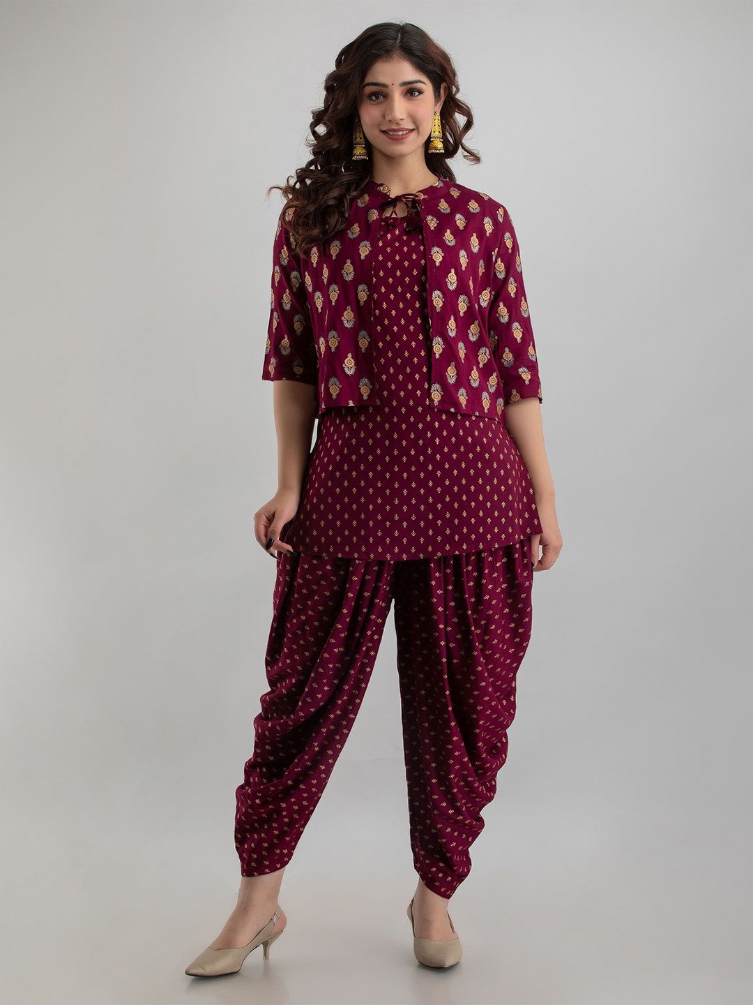 

SHEESHAM Printed Round Neck Tunic With Dhoti Pant And Jacket, Maroon