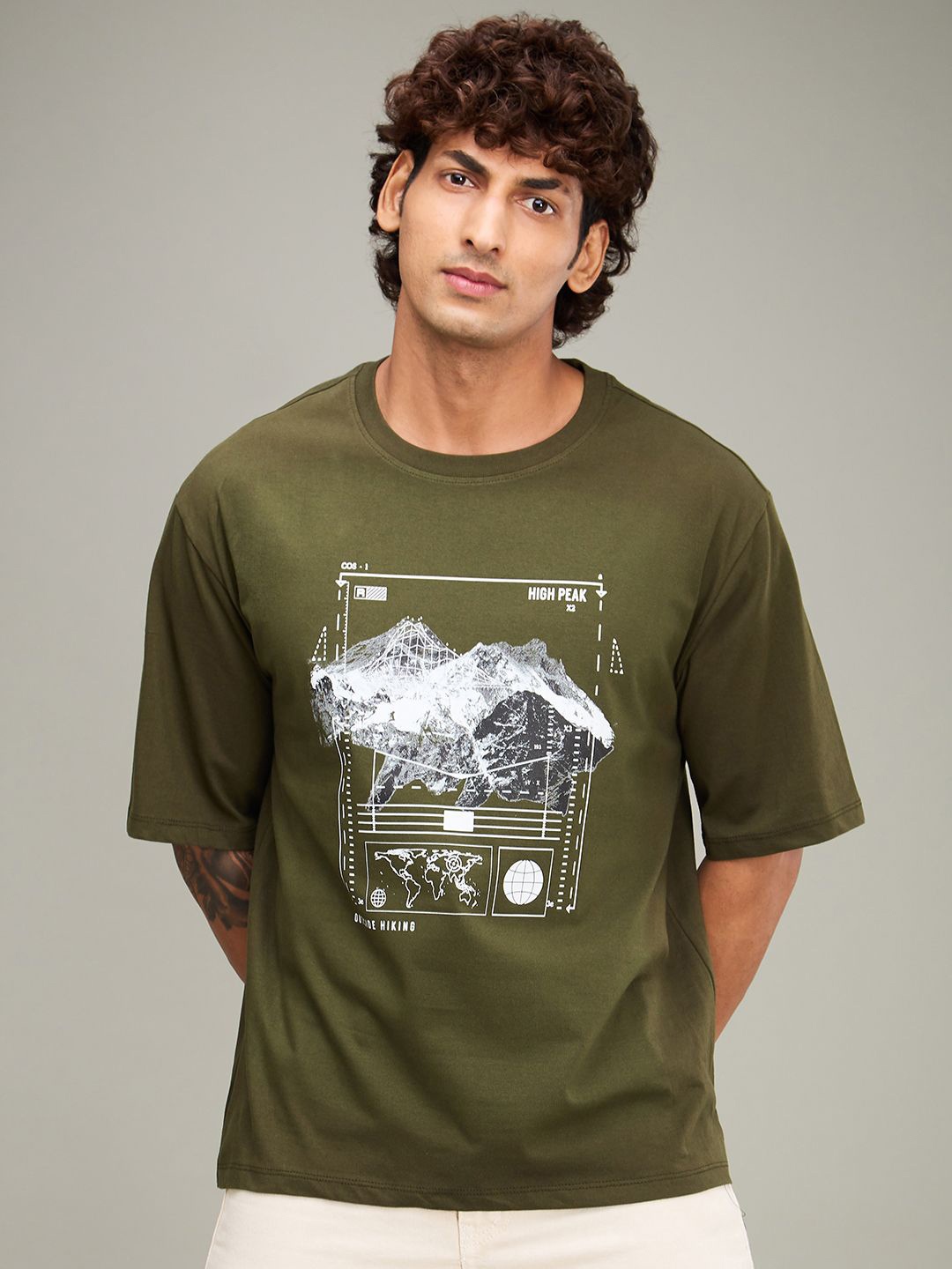 

The Roadster Lifestyle Co. Men Graphic Printed Round Neck Cotton Relaxed Fit T-shirt, Olive