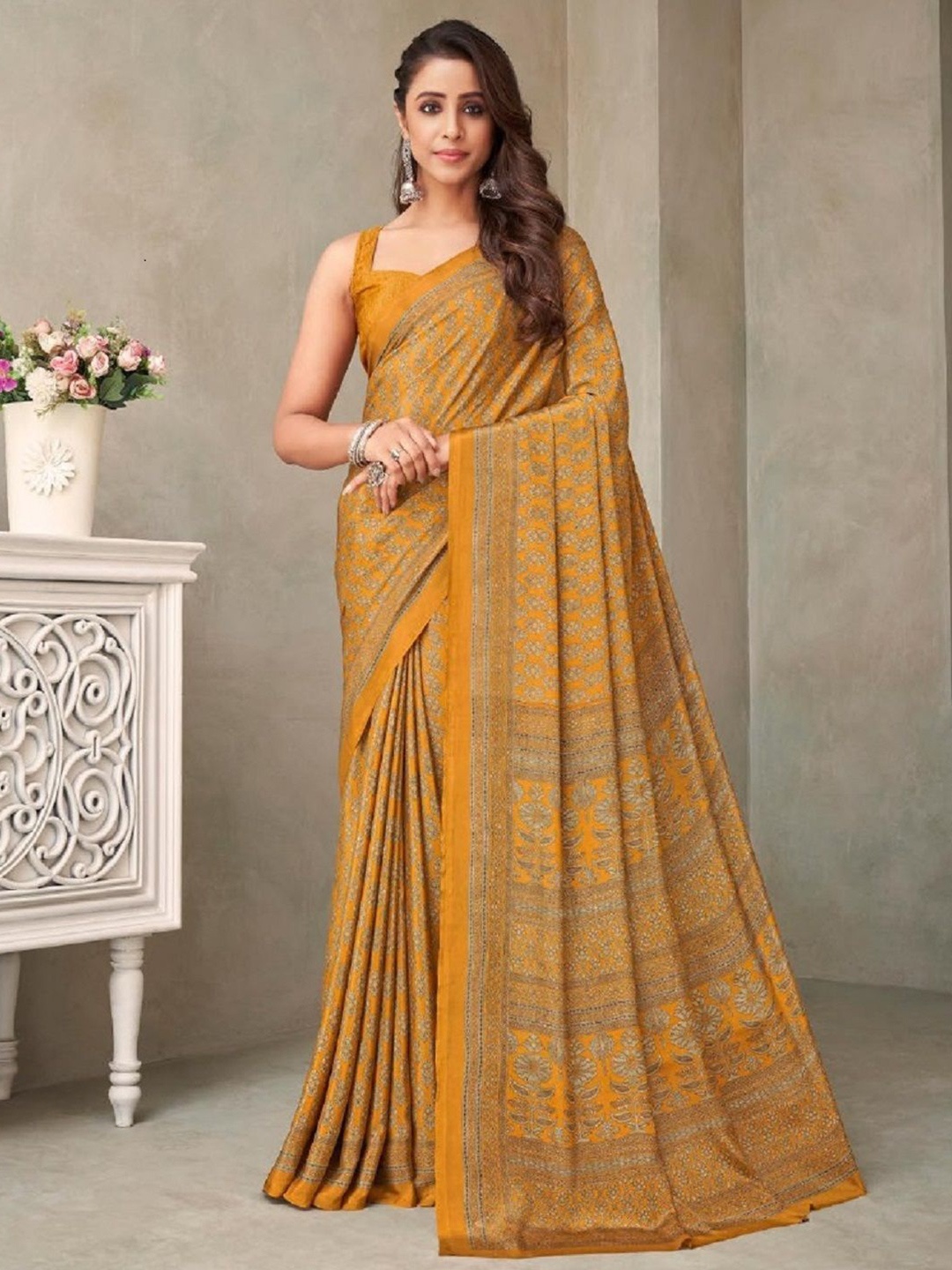 

DURGA EMPORIO Pure Crepe Saree, Mustard