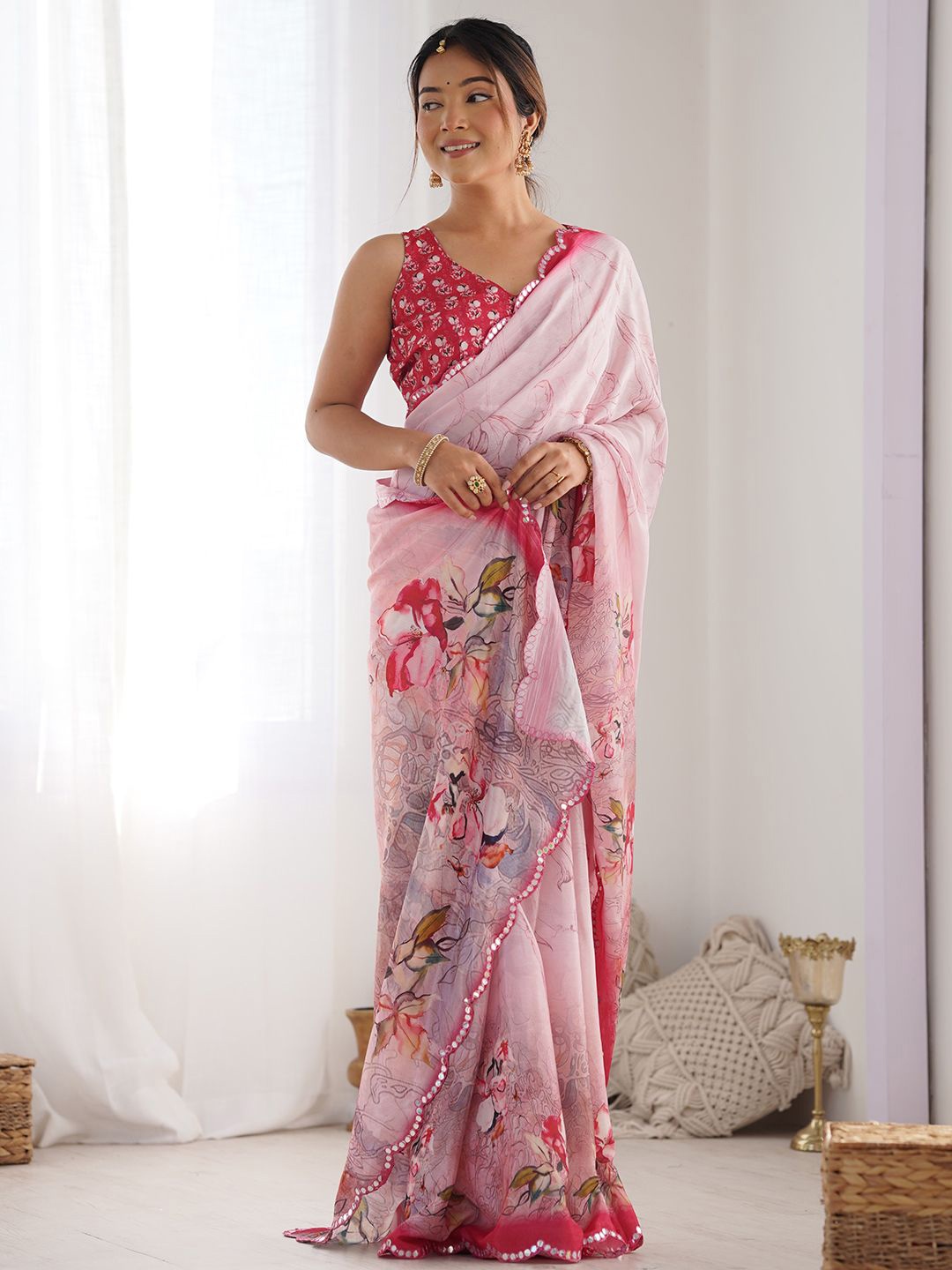 

Panzora Floral Mirror Work Poly Chiffon Designer Saree, Pink