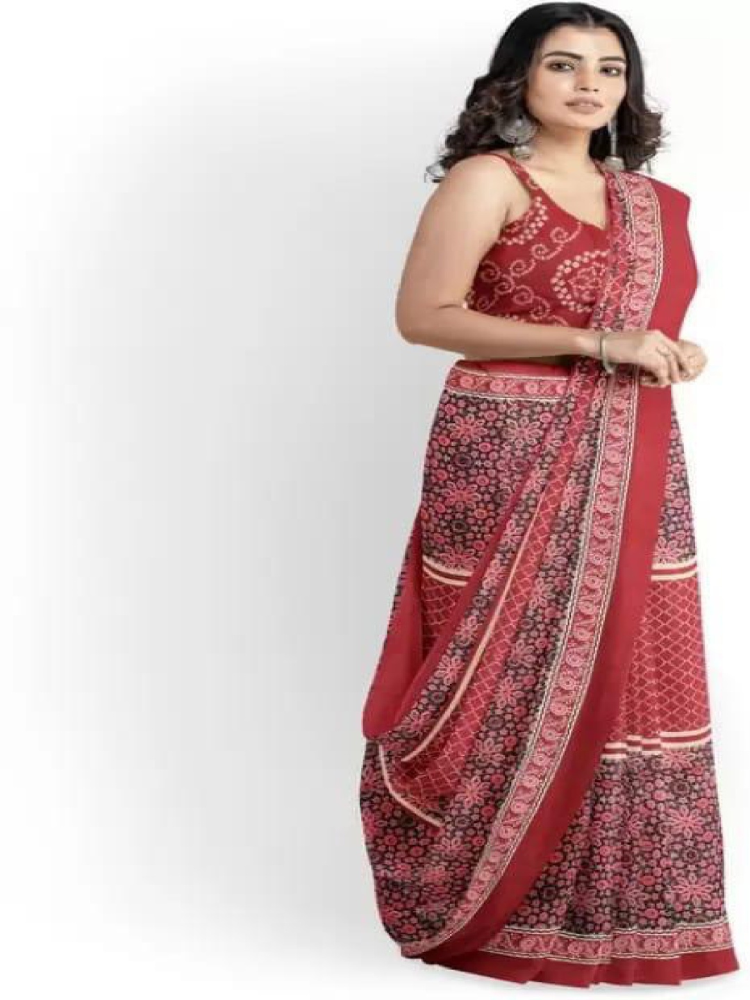 

JALTHER Ethnic Motifs Linen Blend Block Print Saree, Maroon