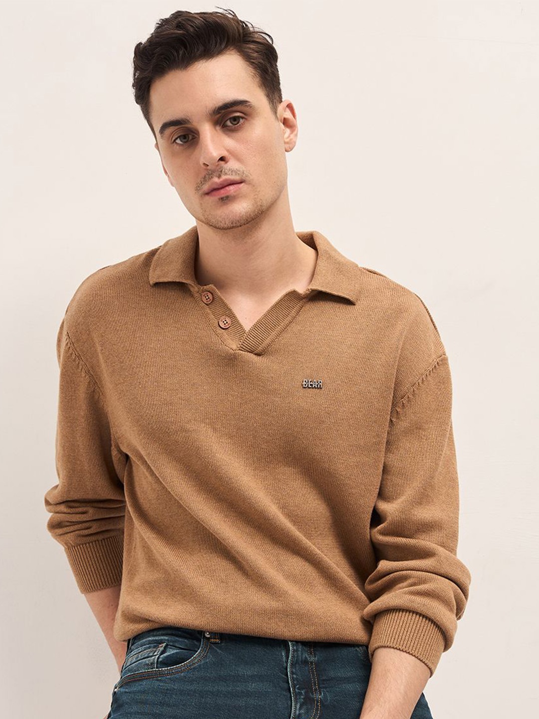 

THE BEAR HOUSE Men Polo Collar T-shirt, Brown