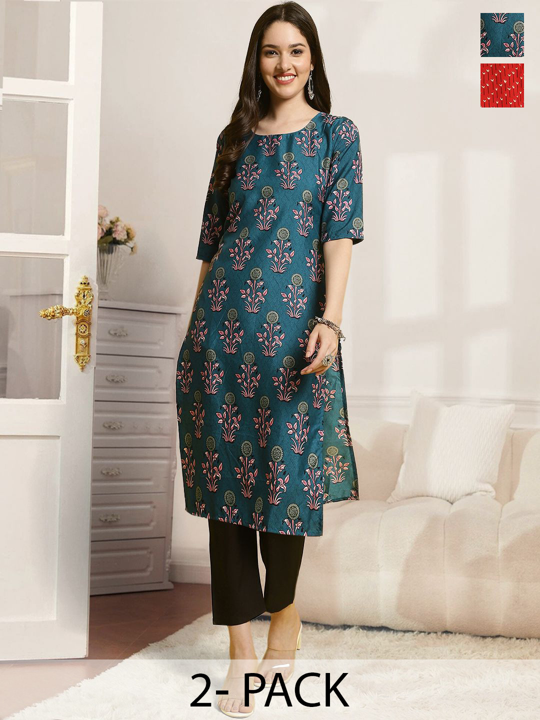 

7Threads Selection Of 2 Floral Printed Straight Kurta with Trousers, Blue