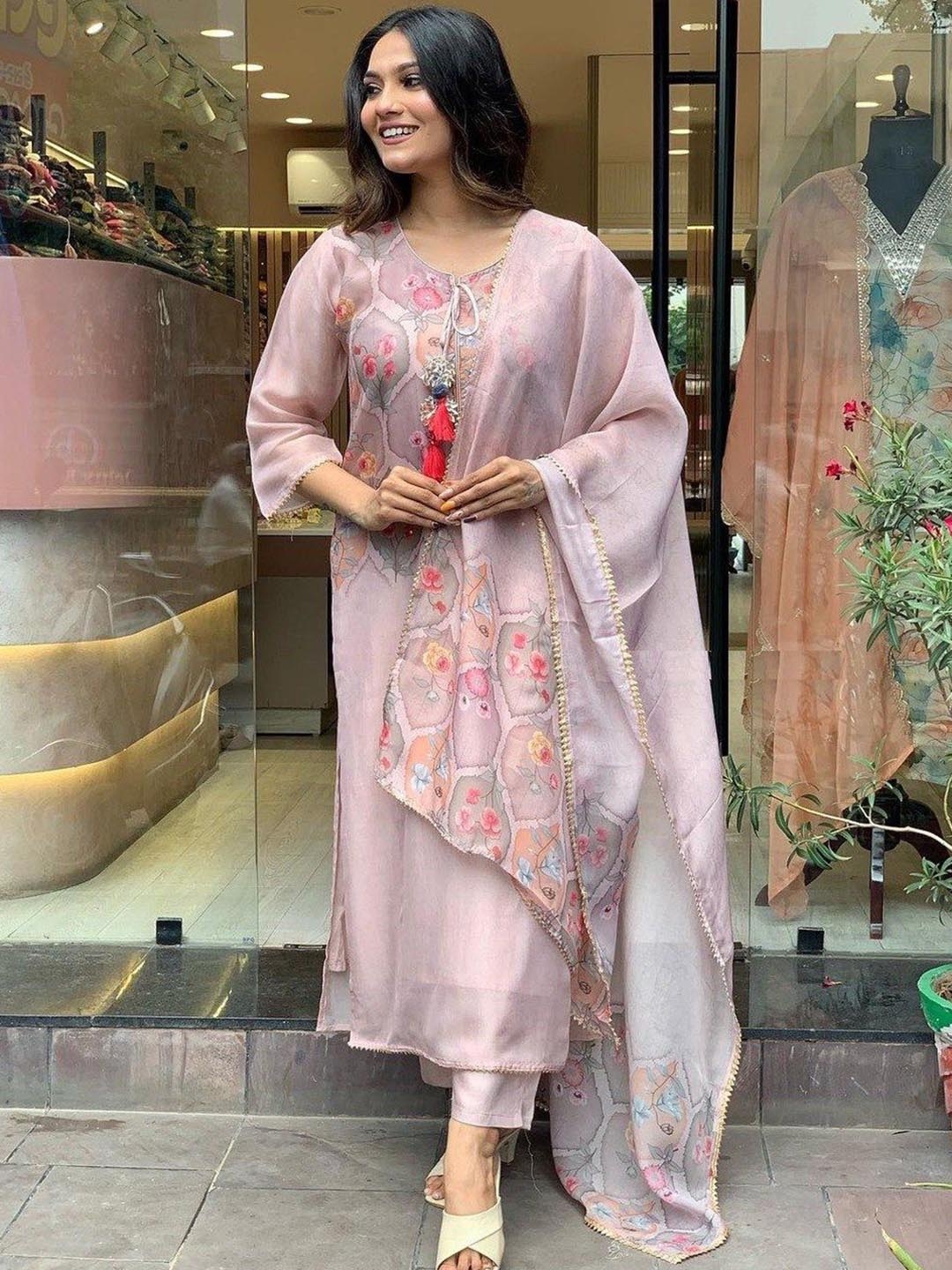 

KALINI Women Floral Printed Regular Kurta with Trousers & With Dupatta, Nude