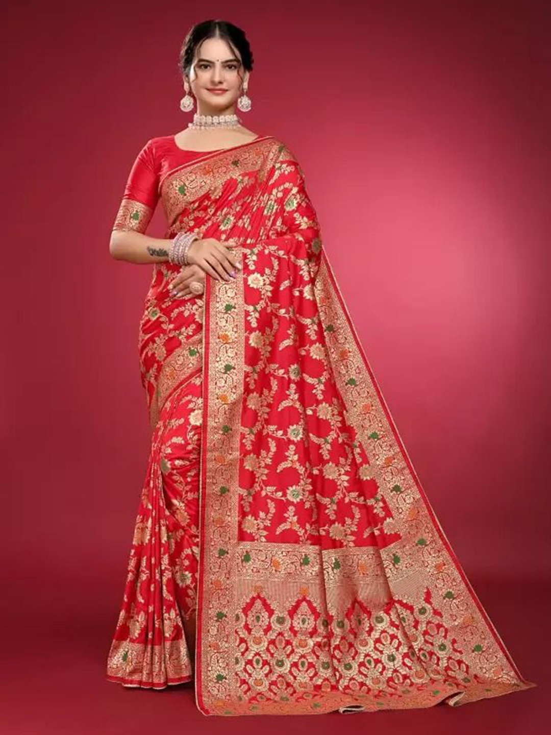 

Florence Woven Design Zari Pure Silk Saree, Red