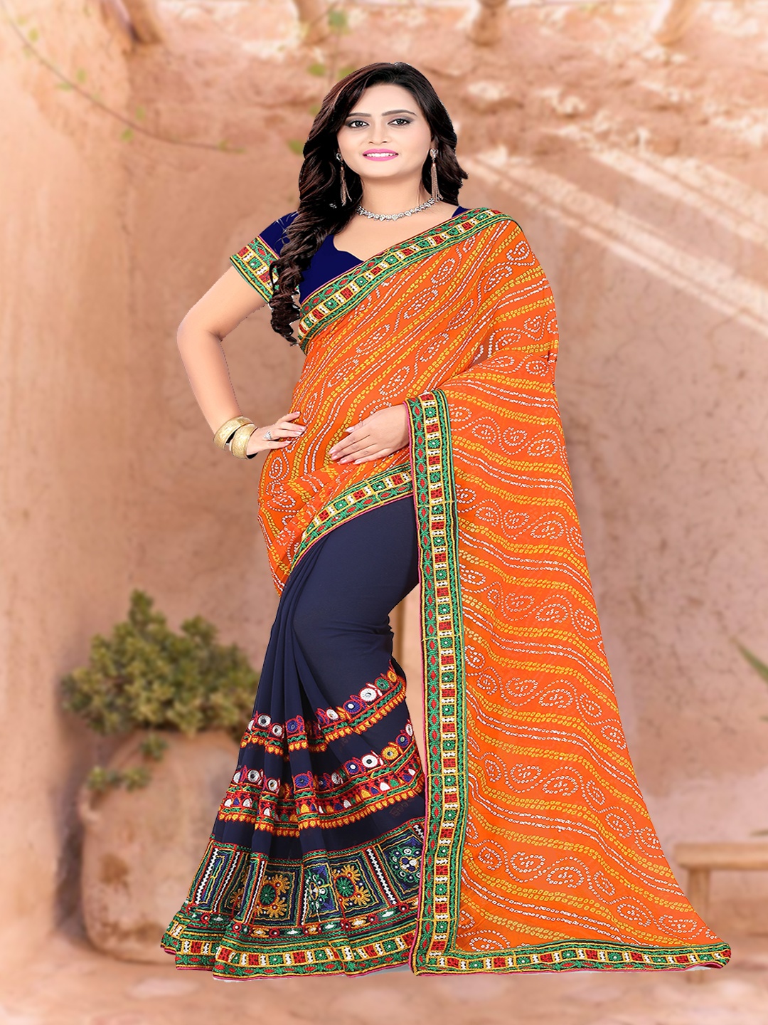 

KALINI Navy Blue & Orange Bandhani Embroidered Saree