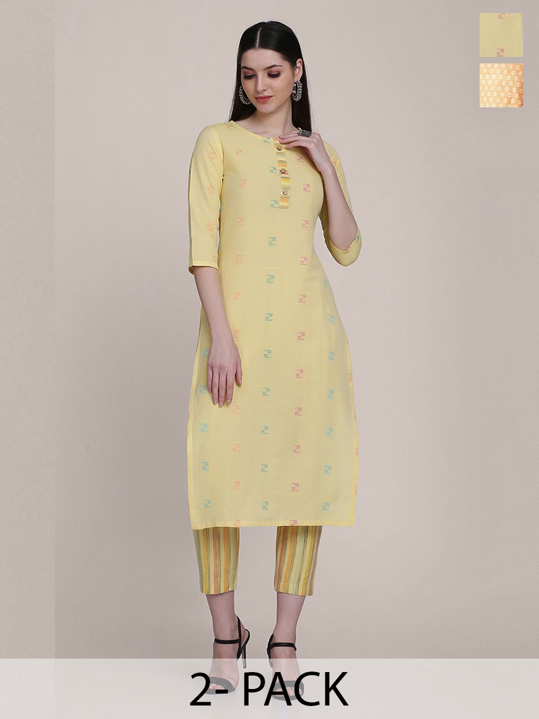 

KALINI Selection Of 2 Ethnic Motifs Woven Design Straight Kurtas With Trousers, Yellow