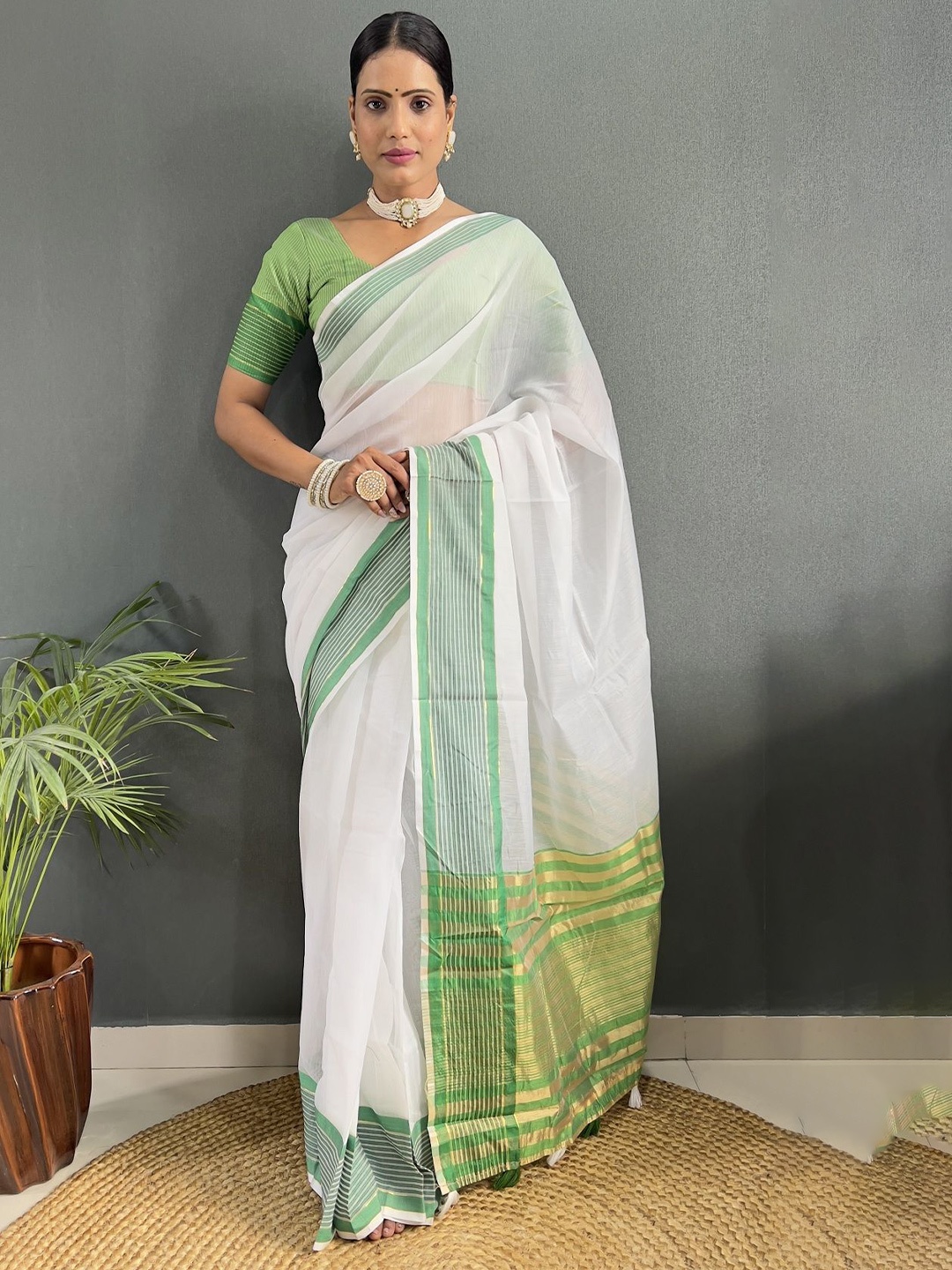 

A TO Z CART Zari Silk Cotton Saree, White