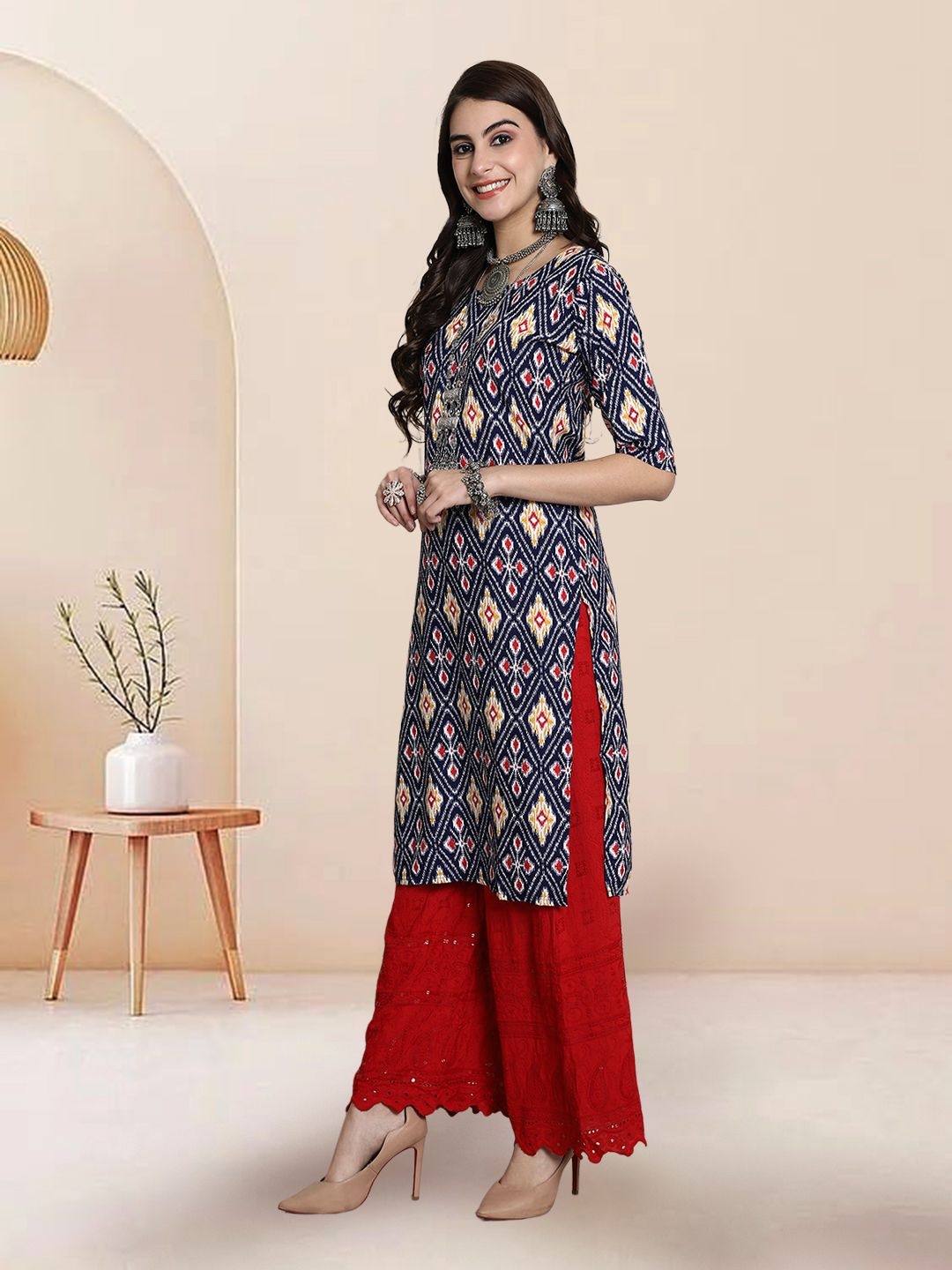 

7Threads Selection of 2 Ethnic Motifs Printed Round Neck Straight Kurtas, Blue