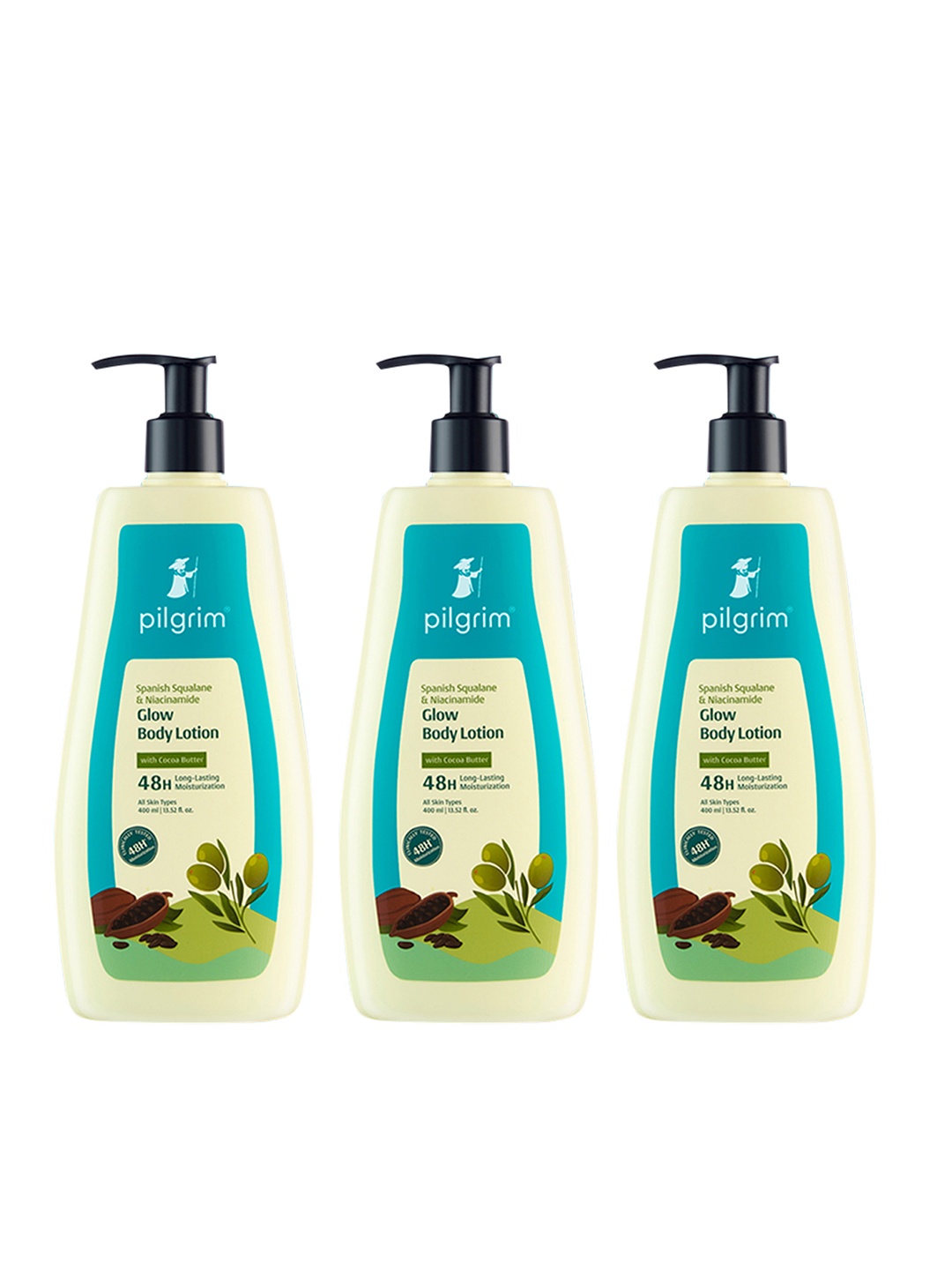 

Pilgrim 3pc Spanish Squalane & Niacinamide Glow Body Lotion with Cocoa Butter - 400ml each, Green
