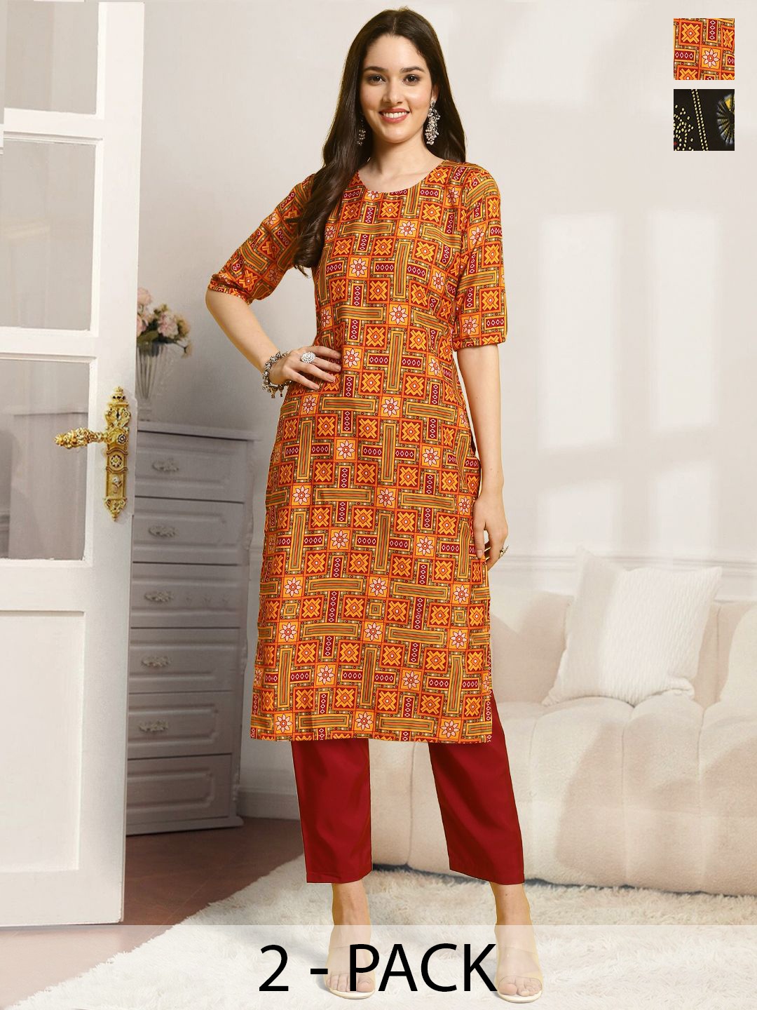 

7Threads Selection Of 2 Ethnic Motifs Printed Straight Kurta with Trousers, Orange