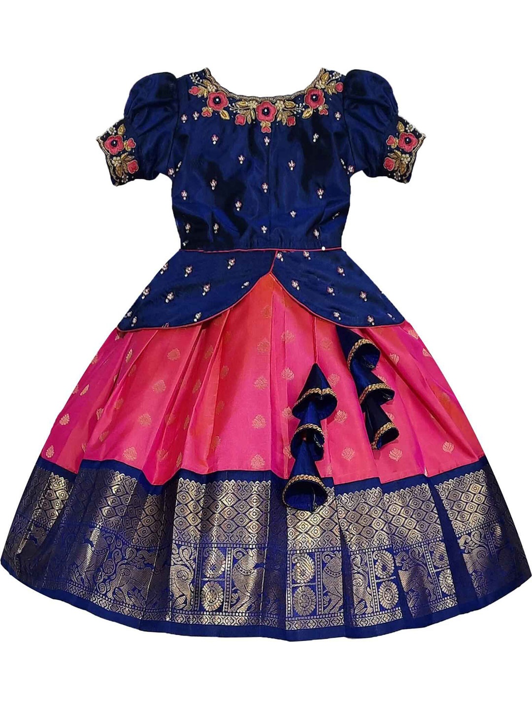 

BAESD Girls Embroidered Puffed Sleeves Beads And Stones Ready to Wear Lehenga Choli, Navy blue