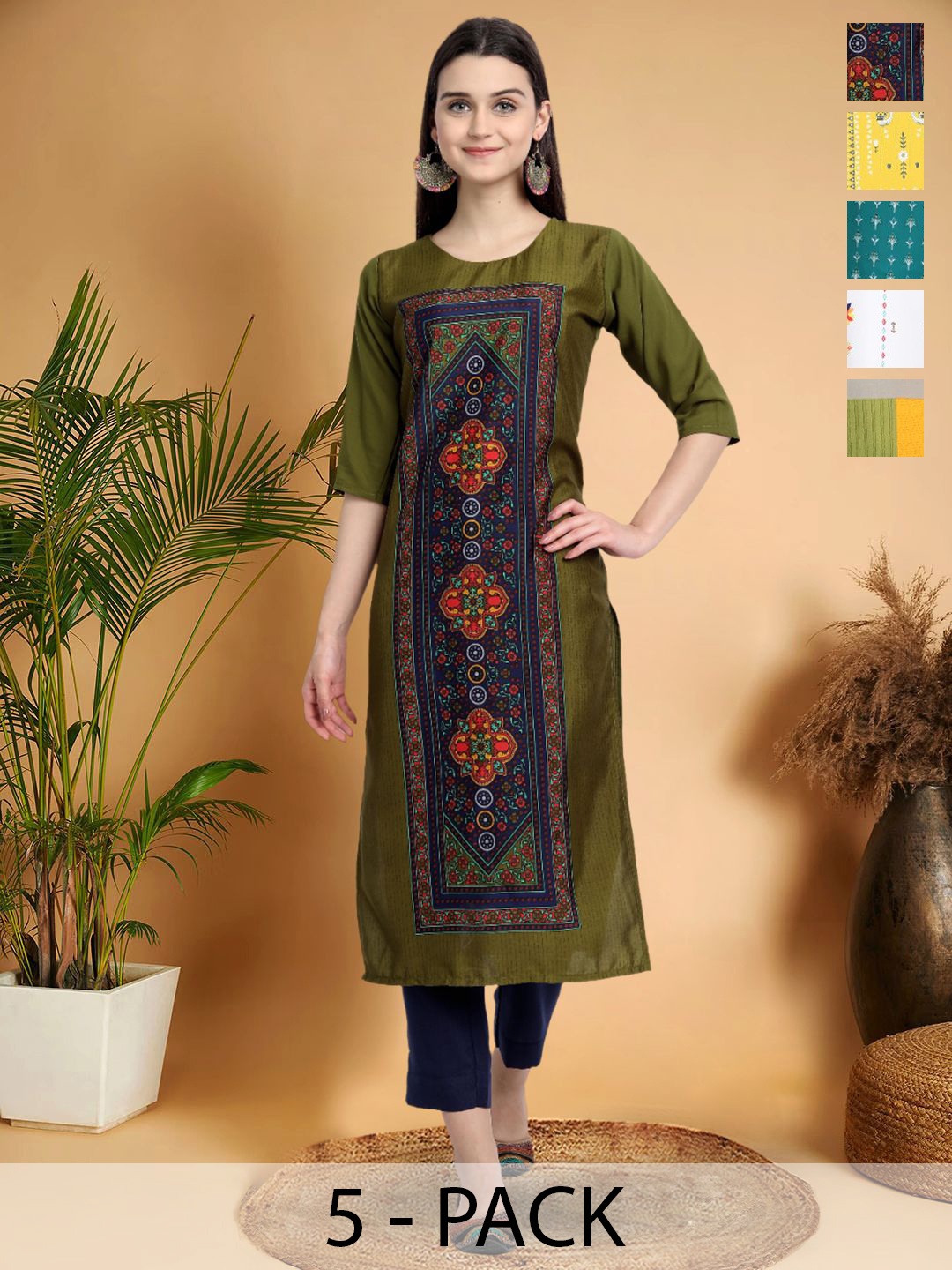 

7Threads Selection Of 5 Ethnic Motifs Printed Round Neck Straight Kurtas, Green