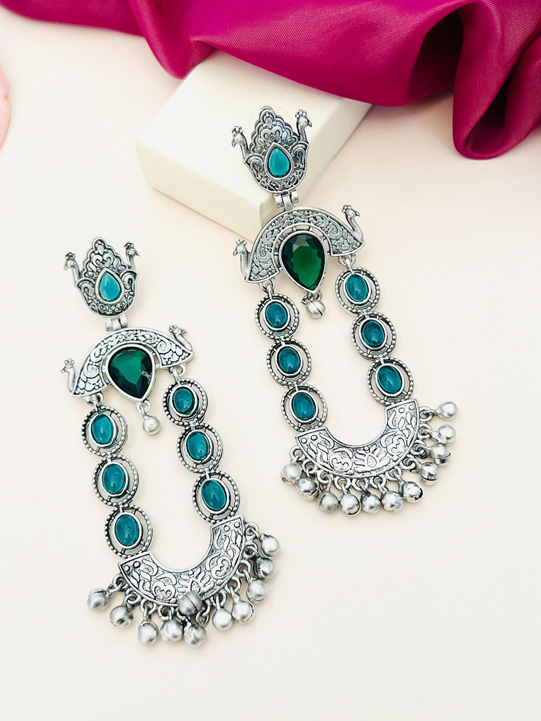 

ABDESIGNS German Silver-Plated Stone Studded Classic Drop Earrings