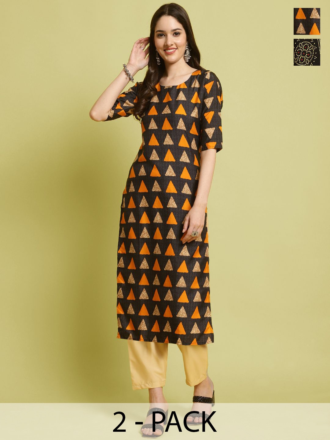 

7Threads Selection Of 2 Geometric Printed Round Neck Straight Kurta With Trousers, Black