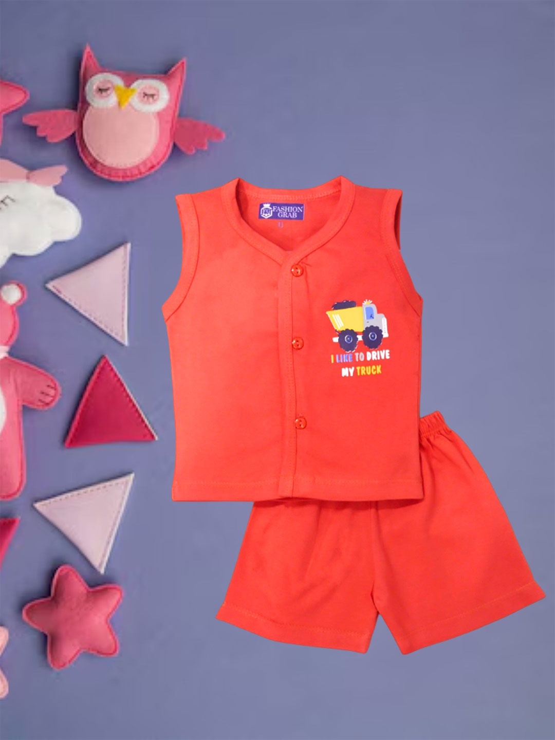 

FASHION GRAB Kids Printed Pure Cotton Jhabla With Shorts, Red
