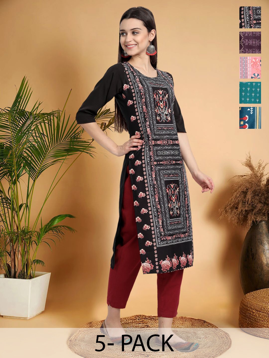 

7Threads Selection Of 5 Ethnic Motifs Printed Round Neck Straight Kurtas, Black