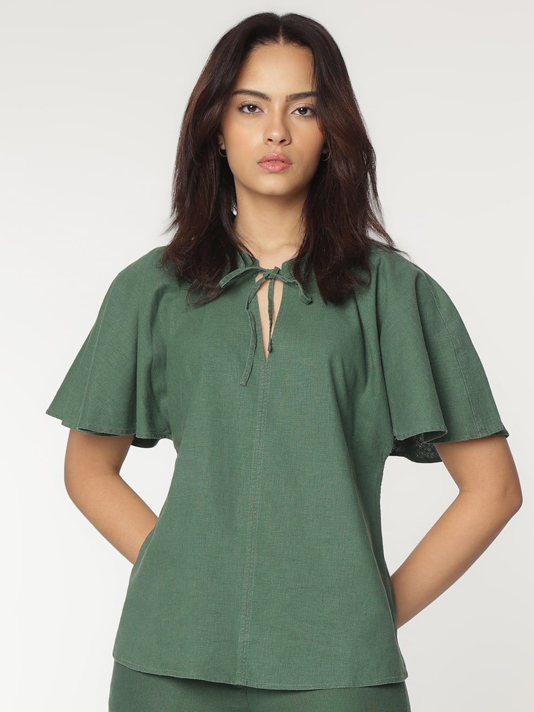

Marks & Spencer Tie-Up Neck Linen Top, Green
