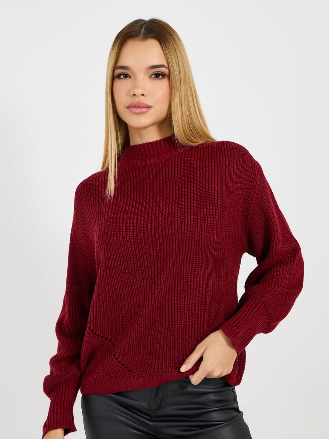 

Styli Women Round Neck Volume Sleeves Jumper, Burgundy